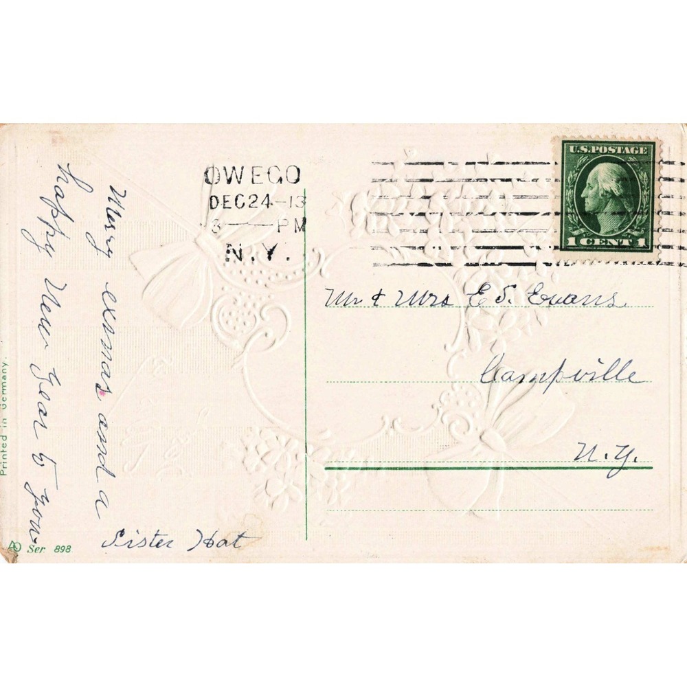 Vintage 1913 Best Wishes Postcard Church Violets Green Bows Embossed Germany VG - Picture 2 of 2